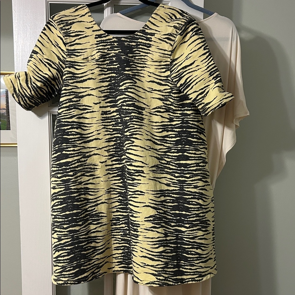 Ganni Yellow and Black Zebra Print Short Sleeve denim oversized mini dress